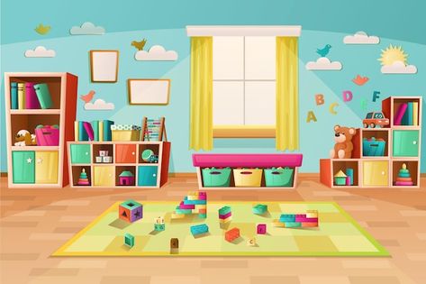 Kindergarten Classroom Illustration, Classroom Illustration School, Play School Interiors, Daycare Background, Playroom Illustration, Cartoon Classroom, Kindergarten Playroom, Kindergarten Illustration, Kindergarten Background