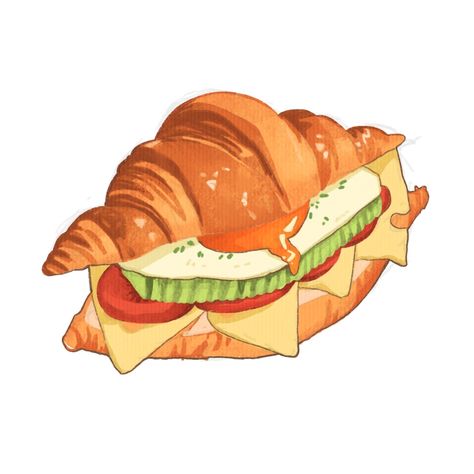 Crossaint Drawing, Crossaint Sandwich, Sandwich Drawing, Bread Illustration, Butter Croissant, Croissant Sandwich, Food Anime, 귀여운 음식 그림, Food Cartoon