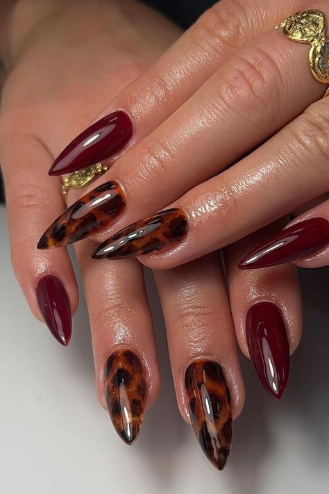 51 Cute Tortoise Shell Nails for Year Round Tortie Nail Inspo Maroon Nail Inspiration, Nail Designs Tortoise Shell, French Fancy Nails, French Tip And Full Nail, Red Nails With Tortoise Shell, Maroon Leopard Nails, Tortoiseshell Nail Art, Tortoise And Burgundy Nails, Tortie Shell Nails