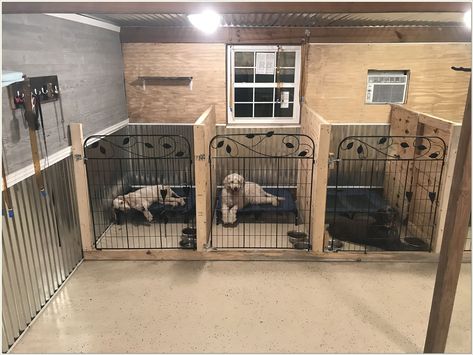 Looking for a place to keep your dog out of the rain and snow? Check out these lovely outdoor dog kennels! Dog Bedroom With Kennels, Garage Dog Pen Ideas, Dog Kennel For 3 Dogs, Diy Dog Pin Indoor, Dog Space In Garage Ideas, Indoor Outdoor Dog Kennel Garage, Dog Run Garage Ideas, Garage Dog Crate Ideas, Dog Room Basement