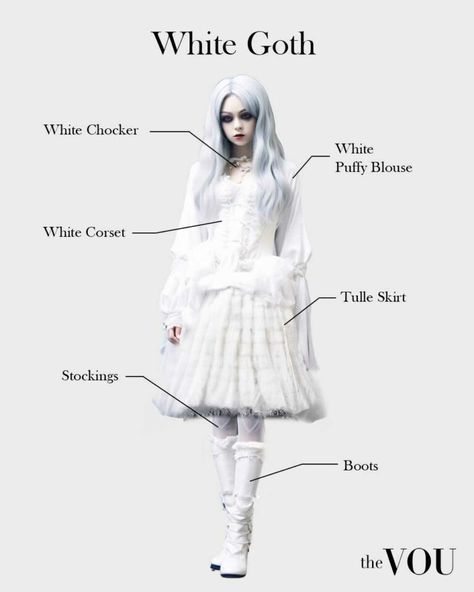 Goth Cute Aesthetic, Goth In White, White Goth Fashion, Ghost Outfit Ideas, Goth Clothes Ideas, Ghost Band Outfit Ideas, Black And White Goth Outfit, Ghostly Outfits, Ghost Aesthetic Outfit