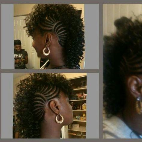 Mohawk With Braids Black Women, Side Mohawk Braid, Braided Curly Mohawk, Mohawk Hairstyles For Black Women Braids, Mohawk Crochet Hairstyles, Braid Mohawk For Black Women, Mowhak Hairstyle Female, Braided Mohawk Hairstyles For Black Hair, Crochet Mohawk Hairstyle