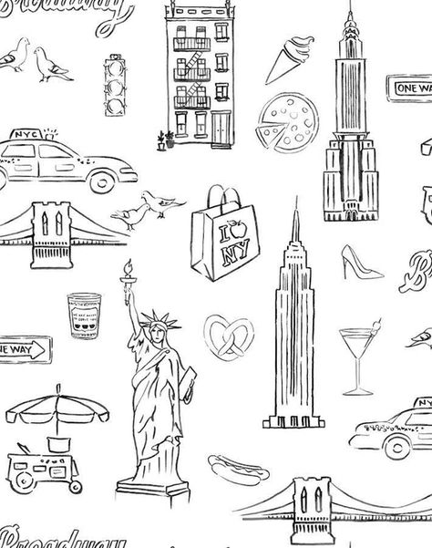 Wallshoppe's removable wallpaper panels are sustainably made from nontoxic materials. Our peel and stick removable wallpaper is easy to install and remove! Nyc Drawing, New York Drawing, Nyc Wallpaper, New York Illustration, Nyc Coffee, New York Tattoo, Nyc Tattoo, Home Nyc, Theme Tattoo