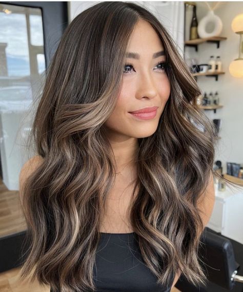 Asian Dimensional Balayage, Dimensional Asian Hair, Dimensional Balayage Brunettes, Hair Color Ideas 2023, Dark Brown Hair With Highlights, Balayage Hair Color Ideas, Balayage Blond, Black Hair Balayage, Chocolate Brown Hair Color