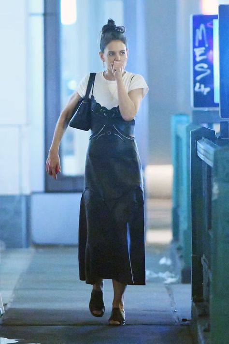 Katie Holmes In A Slip Dress Feels Like It's The '90s All Over Again White T Shirt Under Dress Outfit, Slip Dress Shirt Outfit, Summer Slip Dress Outfit, Slip Dress Outfit Street Styles, Katie Holmes 2023, Slip Dress Winter Outfit, Tee Under Dress, Layering Dress Outfit, 90s Slip Dress Outfit