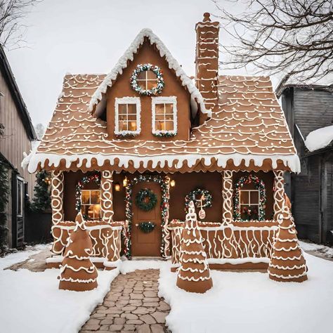 Gingerbread House Home Decorations, Gingerbread Real House, Gingerbread Outside Christmas Decor, Christmas House Gingerbread, Outdoor Christmas Decor Gingerbread House, Cottage Gingerbread House Ideas, Exterior Gingerbread House Decorations, Gingerbread Home Decor Outdoor, Gingerbread House Exterior