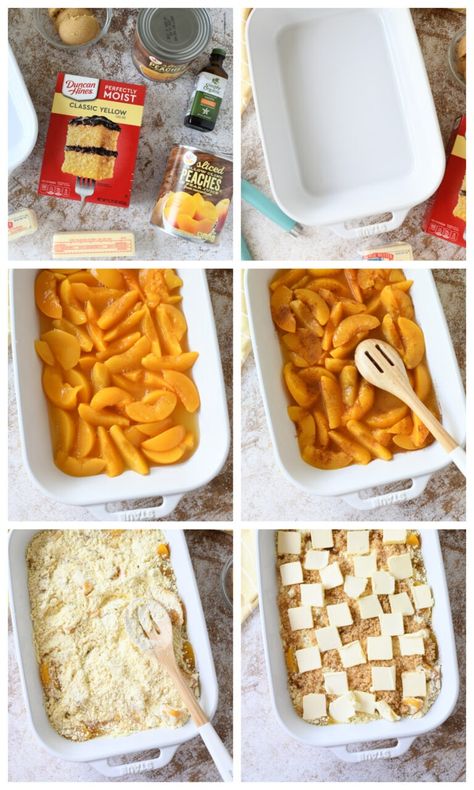 The Best Peach Dump Cake Recipe- What do you get when you mix peaches, brown sugar, cinnamon, butter, vanilla extract, and a yellow cake mix? The best darn peach dump cake dessert recipe EVER! This easy-to-make dessert has a peach cobbler-like feel and is perfect for summer outings or potlucks. You'll be surprised at how good it tastes - don't just take my word for it, try the recipe yourself. Peach Cobbler Dump Cake Taste Of Home, Peach Crisp Dump Cake, Peach Cobbler With Cake Mix 7up, Easy Peach Cobbler Recipe With Cake Mix Butter, Peach Cobbler With Butter Pecan Cake, Yellow Cake Mix And Peaches, Dump Peach Cobbler Yellow Cake Mixes Fresh Peaches, Canned Peach Dump Cake Easy, Yellow Cake With Peaches