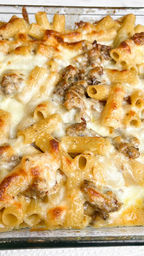 Creamy Sausage Alfredo Bake – Bad Batch Baking - Restaurant... Creamy Sausage Pasta Bake, Alfredo And Sausage Pasta, Sausage And Alfredo Sauce, Sweet Sausage Pasta, Ground Italian Sausage Pasta Recipes, Breakfast Sausage Pasta, Ground Sausage Alfredo Pasta, Chicken Sausage Alfredo Pasta, Sausage Alfredo Rigatoni