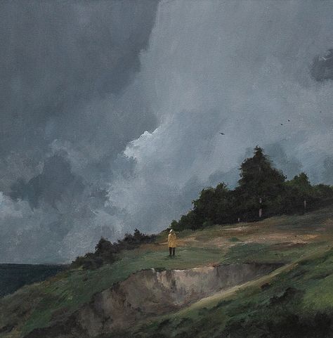 Painting Hills Acrylic, Gloomy Oil Painting, Cloudy Landscape Painting, Realism Landscape Painting, Scared Painting, Cloudy Painting, Cloudy Sky Painting, Cloudy Landscape, Green Acrylic Painting