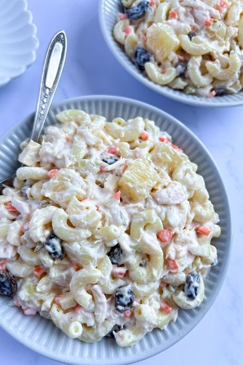 Filipino Salad Recipes, Macaroni Salad Recipe Filipino Style, Filipino Style Macaroni Salad, Filipino Salad, Buko Salad Filipino Desserts, Filipino Macaroni Salad Recipe, Filipino Chicken Macaroni Salad, Macaroni Salad Filipino Style, Sweet Macaroni Salad Recipe