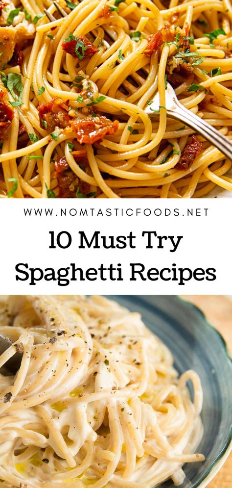 Unsure what to cook up for dinner? Check out our latest recipe roundup for 10 spaghetti dishes that will satisfy even the pickiest of eaters.    #pasta #pastarecipe #pastadishes #noodles #noodledishes #noodlerecipe #italianfood #spaghetti #spaghettirecipes Recipes With Spaghetti Noodles, Spaghetti Sides Dishes, Spaghetti Recipes Healthy, Noddle Recipes, Spaghetti Dishes, Best Spaghetti Recipe, Healthy Noodle Recipes, Foods Dinner, Spaghetti Recipes Easy