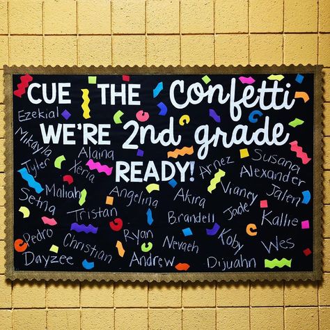 @learningwithlori on Instagram: “Let the party begin! 🥳 The first bulletin board of the year is up and ready for the start of the school year! The best part was it was sooo…” School Age Bulletin Boards Ideas, Preschool Graduation Bulletin Board, 3rd Grade Bulletin Board Ideas, Pto Bulletin Board, Graduation Bulletin Board, Elementary School Bulletin Boards, Prek Graduation, Creative Bulletin Boards, Elementary Bulletin Boards