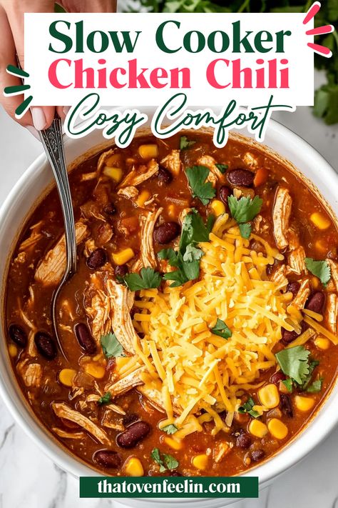 Tantalize your taste buds with our Slow Cooker Chicken Chili, featuring tender chicken, robust tomatoes, hearty beans, and sweet corn, all simmered to perfection in your crockpot. A delicious, cheesy Tex-Mex delight perfect for any weeknight dinner! Red Chicken Chili Crockpot, Southwest Chicken Chili Crockpot, Chicken Taco Chili Crockpot, Ww Chicken Chili, Slow Cooker Chicken Chilli, Chicken Chili Recipe Crockpot, Crock Pot Chili Recipes, Chili Bowl Recipe, Cook Chicken In Oven