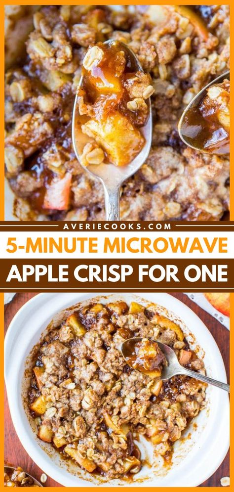 A simple apple recipe in the microwave! It lets you have a single serve of apple crisp in just 5 minutes. Served with ice cream or whipped cream, this apple cinnamon crisp for one is wonderful! Plus, this easy dessert idea is vegan and gluten-free! Apple Crisp For One, Microwave Apple Crisp, Microwave Baked Apples, Quick Apple Crisp, Microwave Apple, Cinnamon Crisp, Quick Apple Dessert, Microwave Apples, Apple Crisp Topping