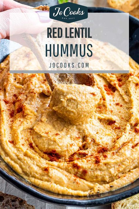 This Red Lentil Hummus has everything you love about traditional hummus, but made with red lentils that boast a sweet and nutty flavor. #redlentils #lentils #hummus #recipe Red Lentil Hummus Recipe, Red Lentil Recipes Easy, Vegan Appies, Lentil Hummus Recipe, Red Lentil Hummus, Traditional Hummus, Roasted Lentils, Grain Dishes, Lentil Recipes Easy