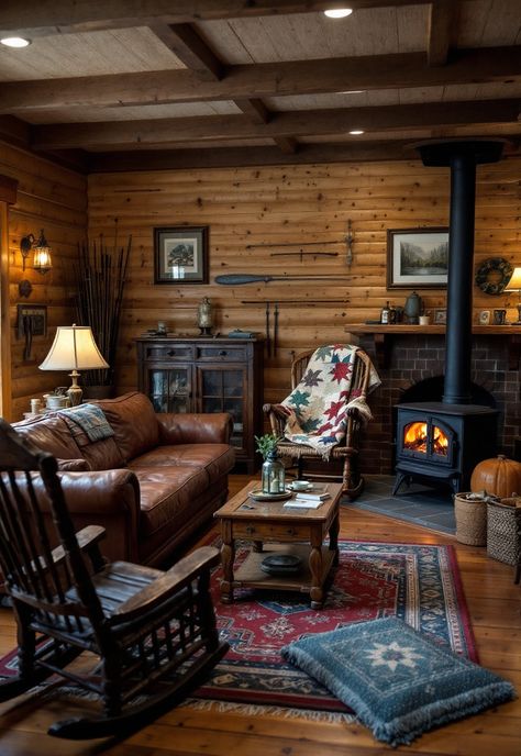 Rustic Living Room Cozy Cabin Living Room Rustic, Cozy Wooden Living Room, Farm Cabin Decor, Western Cabin Living Room, Log Cabin Style Living Room, Cabin Brick Fireplace, Primitive Cabin Interior, Old Rustic Cabin Interiors, Cozy Cabin Basement