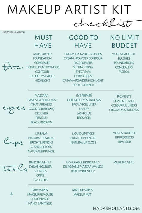 professional makeup kit essential. here is a makeup artist kit check list for beginners! building your pro makeup kit on a budget! check out my blog for more makeup artist freelance tips! hadasholland.com #hadasholland #makeupkit #promakeupkit #makeupartist Makeup Studio Must Haves, Makeup Artist Product List, Tips For Makeup Artists, Makeup Artist Beginner, Makeup Beginner Tips, Mua Business Tips, Makeup Kit Essentials Professional, Beginner Makeup Artist Tips, Makeup Essentials For Beginners List