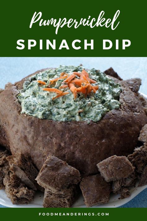 This easy and flavorful Pumpernickel Spinach Dip is made with a few simple ingredients, is quick to whip up and is perfect for your next party, game day or potluck. The best part is this delicious dip is served in an edible bowl! Spinach Dip And Pumpernickel Bread, Spinach Artichoke Dip Pumpernickel, Spinach Dip With Pumpernickel Bread, Spinach Pumpernickel Dip, Spinach Dip Pumpernickel Bread, Pumpernickel Spinach Dip, Spinach Dip In Pumpernickel Bread Bowl, Pumpernickel Dip Recipe, Pumpernickel Dip