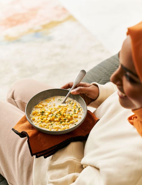 Nadiya Hussain's Corn Chowder Simple Corn Chowder, Autumn Soup Recipes, Cook Once Eat Twice, Tomato Gnocchi, Autumn Soup, Nadiya Hussain, Curry Pasta, Salad Cake, Gnocchi Recipe