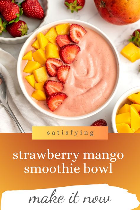 Start your day on a tropical note with this Mango Strawberry Smoothie Bowl. This sweet and satisfying smoothie bowl is a healthy and easy-to-make breakfast or snack option that will keep you energized throughout the day. Enjoy this nutritious and refreshing treat packed with the mangoes and strawberries. Best of all, this simple recipe is banana-free and ready in 5 minutes. Mango Bowl Recipe, Healthy Breakfast Smoothie Bowls, Mango Acai Bowl Recipe, Mango Breakfast Ideas, How To Make A Mango Smoothie Bowl, Healthy Smoothie Bowl Recipes Breakfast, Mango Smoothie Bowl Recipes, Smoothie Bowl Recipe Easy Healthy, Smothies Bowls Recipe