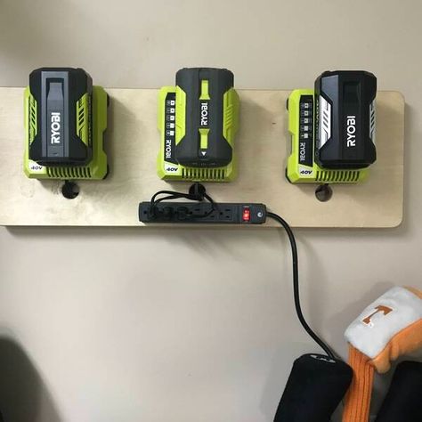 Battery Charger Mount - RYOBI Nation Projects Battery Charger Station, Battery Charging Station, Ryobi Battery, Ryobi Tools, Garage Renovation, Woodworking Shop Plans, Charger Station, Battery Holder, Creative Valentines