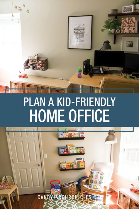 Office With Play Area, Home Office And Playroom Ideas, Playroom / Office Ideas, Playroom With Office Space, Basement Playroom Office Combo, Home Office With Play Area, Shared Playroom And Office, Office And Nursery Combo Small Spaces, Shared Office Playroom