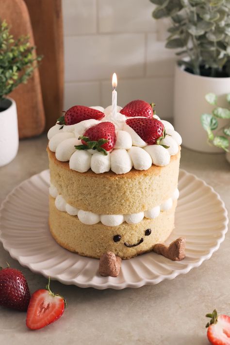 Your favourite jellycat birthday cake plushie in edible cake form! It's made with two layers of soft vanilla cake, strawberry jam, whipped cream, and fresh strawberries. #jellycat #birthdaycake | teakandthyme.com