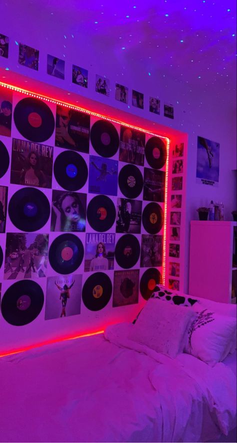 Purple Thoughts, Tik Tok Famous, Indie Bedroom, Record Room, Bedroom Vibes, Neon Bedroom, Led Lighting Bedroom, Loft Bedroom, Chill Room