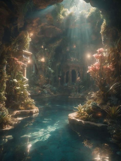 Magical Underwater World, Ethereal Bathroom Aesthetic, Mermaid Lagoon Aesthetic, Mermaid Pirate Aesthetic, Forest By The Sea, Fantasy Beach Aesthetic, Mermaid Cove Aesthetic, Ocean Fantasy Aesthetic, Siren Kingdom