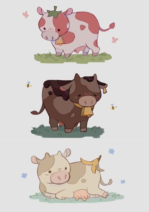 Cows Drawing Cute, Cow Doodle Cute, Cute Cow Art Kawaii, Cow Reference Drawing, Mushroom Cow Drawing, Aesthetic Cow Drawing, Kawaii Cow Wallpaper, Cute Cow Drawing Cartoons, Cow Drawing Reference