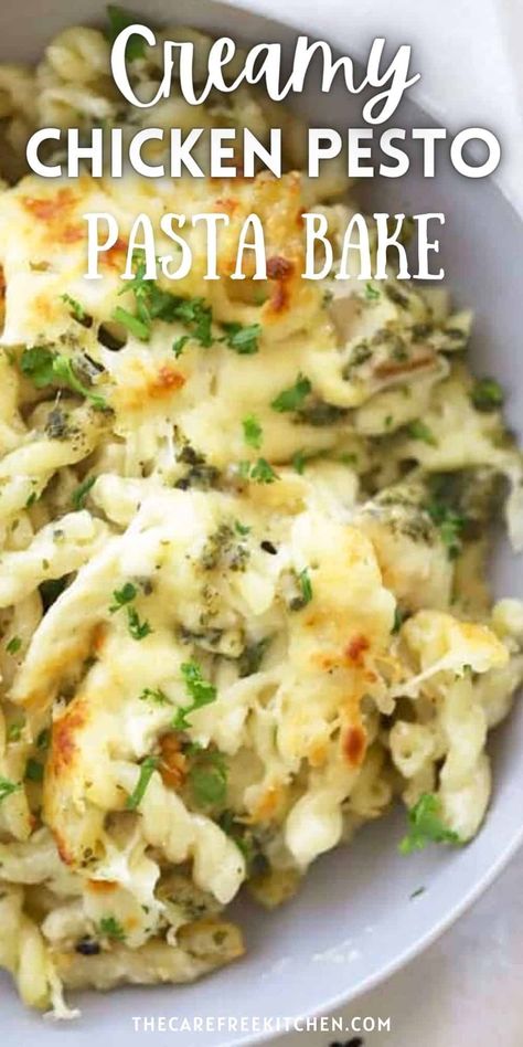 This Chicken Pesto Pasta combines our creamy homemade alfredo sauce with fresh pesto, cooked chicken, pasta and cheese for a hearty meal that your family and friends will love. Best of all, it takes just 30 minutes to make, can be made in advance and is super easy to adapt. #thecarefreekitchen #pasta #pastabake #dinner #30min #chicken #easy #freezermeal #pesto #alfredo Chicken Broccoli Pesto Pasta Bake, Creamy Pesto Chicken Pasta Recipes, Cheesy Pesto Chicken Bake, Creamy Pesto Chicken And Broccoli Bake, Chicken Pesto Ricotta Pasta, One Pan Creamy Pesto Chicken And Broccoli Pasta Bake, Pesto Chicken Pasta Casserole, Chicken Alfredo Pesto Pasta, Pesto Pasta With Chicken Sausage