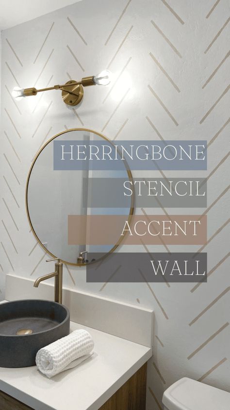 See how I painted this herringbone accent wall! Diy Wall Paint Designs Pattern, Herringbone Accent Wall Paint, Modern Paint Accent Wall, Bathroom Wall Pattern Ideas, Herringbone Accent Wall Wallpaper, Accent Wall Stencil Ideas Bathroom, Laundry Room Wall Stencil Ideas, Sharpie Paint Pen Wall, Hand Painted Herringbone Wall