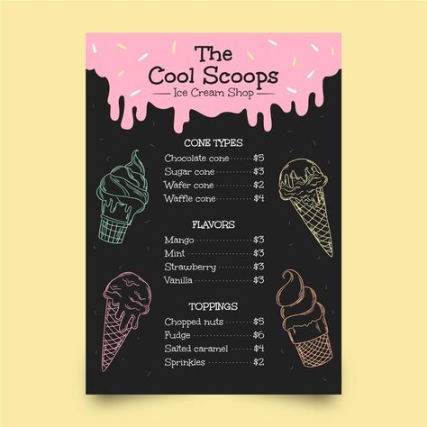 Ice Cream Flavors List, Blackboard Menu, Draw Ice Cream, Ice Cream Menu, Menu Design Inspiration, Ice Cream Business, Cafe Menu Design, Ice Cream Poster, Iced Drinks Recipes