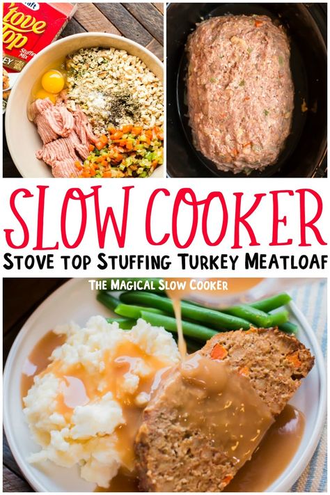 Slow Cooker Stove-Top Stuffing Turkey Meat Loaf is moist and flavorful. The stove-top stuffing is used as a binder in this delicious meatloaf recipe. Turkey Meatloaf In Crockpot, Ground Chicken Meatloaf With Stove Top Stuffing, Meatloaf With Stove Top Stuffing Crockpot, Crockpot Meatloaf With Stuffing, Chicken Meatloaf With Stove Top Stuffing, Turkey Meatloaf With Stove Top Stuffing, Mashed Potatoes Stove Top, Meatloaf With Stovetop Stuffing, Slow Cooker Turkey Meatloaf