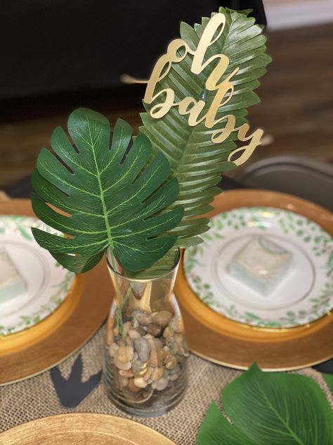 Jungle Dinosaur Party, Dino Themed Centerpieces, Dino Table Centerpiece, Wild Baby Shower Theme Boy, Gold And Green Baby Shower Ideas, Jungle Safari Centerpieces Ideas, Table Centerpieces For Baby Shower Boys, Safari Theme Centerpieces Diy, Jungle Baby Shower Theme Centerpieces