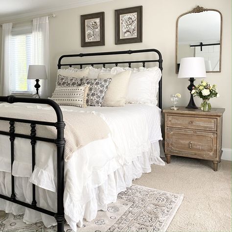 Bring on the sunshine, sandals, and summer! The perfect way to celebrate a new season in your home is with a simple room refresh. Today I am sharing early summer bedroom decorating tips and ideas. I've got five beautiful, easy, and inexpensive tips and ideas to share with you. Come join me on the blog. Bedroom Decor Iron Bed, Bedroom With Iron Bed Decorating Ideas, Farmhouse Bedroom Metal Bed, Black Iron Bed Frame Bedroom Ideas, Metal Bedframe Aesthetic, Black Metal Bed Frame Bedroom Ideas, Farmhouse Bed Frames, Rod Iron Beds, Black Iron Bed Frame