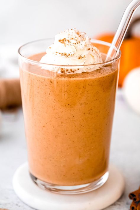 Indulge in the flavors of fall with this Pumpkin Protein Shake! Packed with 35g of protein, this shake is a perfect post-workout treat or breakfast option. Featuring pumpkin puree with a hint of pumpkin spice, banana, & protein powder, it's creamy & delicious. Enjoy the cozy, autumnal goodness of a pumpkin pie in a glass, while keeping your health goals on track. Sip your way to a healthier, tastier day with this easy-to-make pumpkin protein smoothie! Vegan instructions included. Pumpkin Cheesecake Protein Shake, Premier Pumpkin Protein Shake Recipes, Pumpkin Spice Protein Shake, Pumpkin Protein Smoothie, Pumpkin Pie Protein Shake, Pumpkin Protein Shake, Health Shakes, Premier Protein Shakes, Pumpkin Protein