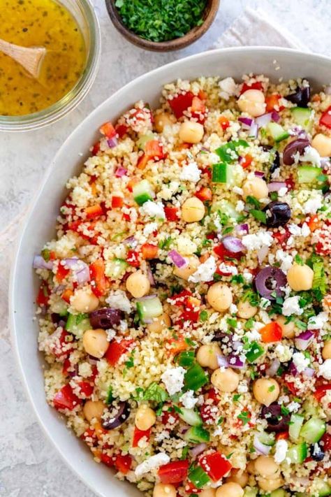 Chicken Couscous Salad Recipes, Couscous Tuna Salad, Greek Cous Cous Salad, Couscous Feta Salad, Couscous Salad Recipes Cold, High Protein Bean Salad, Couscous Chickpea Salad, Couscous Mediterranean, Lemon Herb Dressing