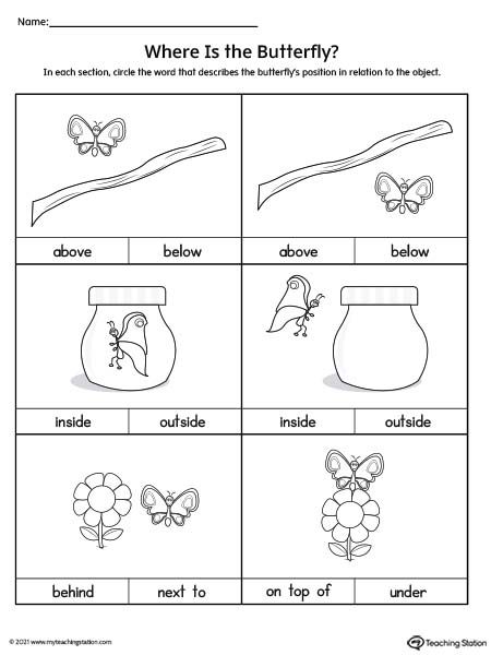 Positional Words Worksheet: Above, Below, Inside, Outside, Behind, Next To, On Top Of, Under Worksheet.Practice the position of objects with this kindergarten positional word worksheet. Kids will use words to describe the position of the butterfly. Positional words included are: "above", "below", "inside", "outside","behind", "next to", "under", and "on top of". Positional Words Worksheet, Over And Under Worksheets For Preschool, Position Words Kindergarten, Inside Outside Worksheet For Kids, Above And Below Activities, Inside And Outside Worksheet, Above And Below Worksheets, Position Words Worksheet, Inside Outside Worksheet