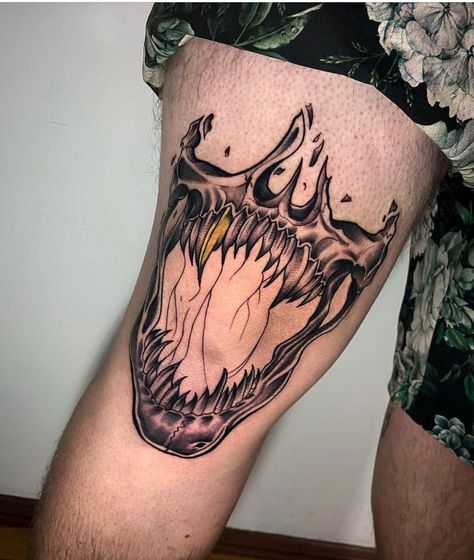 Knee Mouth Tattoo, Skull Mouth Knee Tattoo, ဒူး Tattoo, Entire Leg Tattoo, Knee Jaw Tattoo, Horror Knee Tattoo, Skull Tattoo On Knee, Knee Tattoo Men Design, Teeth Knee Tattoo