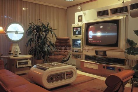 Retro Futuristic Lounge stock photography Retro Futuristic Apartment, 80's Living Room, Retro Futurism Decor, Retro Futurism House, 90s Living Room Aesthetic, Retrofuture Interior, Futuristic Room Aesthetic, Retrofuturism Decor, Retro Living Room 1970s