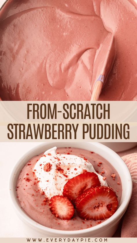 Real actual fresh strawberries, turned into creamy delicious pudding! Homemade Strawberry Pudding is perfect for a fuss-free dessert when you need to use up all your ripe strawberries, quick! Homemade Strawberry Pudding, Cooked Strawberry Recipes, Strawberry Pudding Recipe, Desserts With Fresh Strawberries, What To Make With Fresh Strawberries, Quick Strawberry Desserts, Strawberry Pudding Dessert, Homemade Pudding Recipe, Strawberry Banana Pudding Recipe