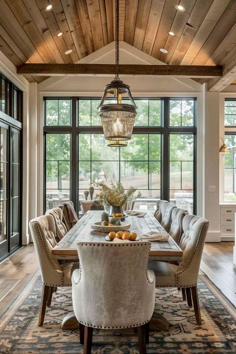 Large Farm Table Dining Rooms, Country Dining Rooms Farmhouse, Large Dining Room Table For 12 Farmhouse, Dining Room Conservatory Ideas, All Window Dining Room, Farm Table Decor Ideas, Dining Room Table For 10-12, Barndo Dining Room, Cased Opening Dining Room