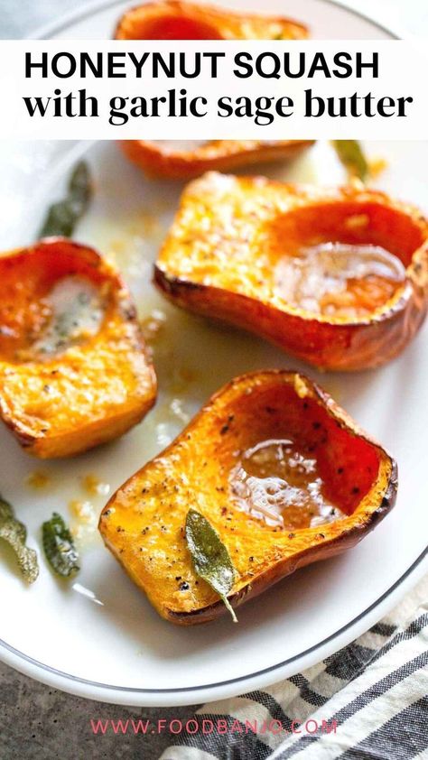 honeynut squash topped with sage butter Roasted Honeynut Squash, Healthy Squash Recipes, Honeynut Squash, Sage Butter Sauce, Sage Butter, Healthy Vegetable Recipes, Butternut Squash Recipes, Roasted Squash, Cooked Veggies