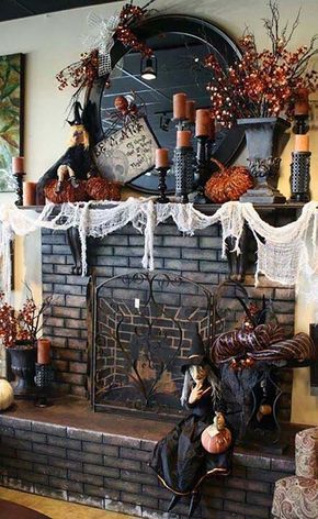 spooky-halloween-mantel-decorating-ideas-30-1-kindesign Halloween Mantel Decor, Halloween Fireplace, Dekorasi Halloween, Halloween Mantle, Hallowen Ideas, Halloween Mantel, Diy Halloween Decor, Elegant Halloween, Diy Outdoor Decor