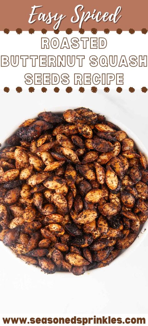 This easy roasted butternut squash seeds recipe creates a savory crunchy snack or topping for fall and winter salads and soups. You'll never throw the seeds away again after you taste these! #recipe #butternutsquash #seeds #vegetarian #snack #seeds Squash Seeds Roasted Recipes, Butternut Squash Seeds Roasted, Squash Seeds Roasted, Roasted Butternut Squash Seeds, Roasted Squash Seeds, Butternut Squash Seeds, Butternut Squash Recipes Roasted, Vegetarian Snack, Butternut Recipes