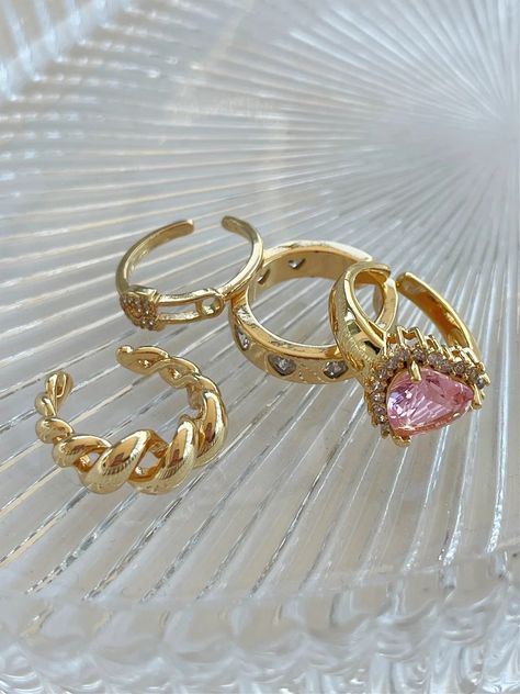 GOLD JEWELRY Page 2 - FIVE FOURTY NINE Gold Rings Combination, Gold Chunky Rings, Thick Rings, Heart Rings, Preppy Jewelry, Gold Heart Ring, Princess Ring, Gold Gemstone Ring, Pink Jewelry