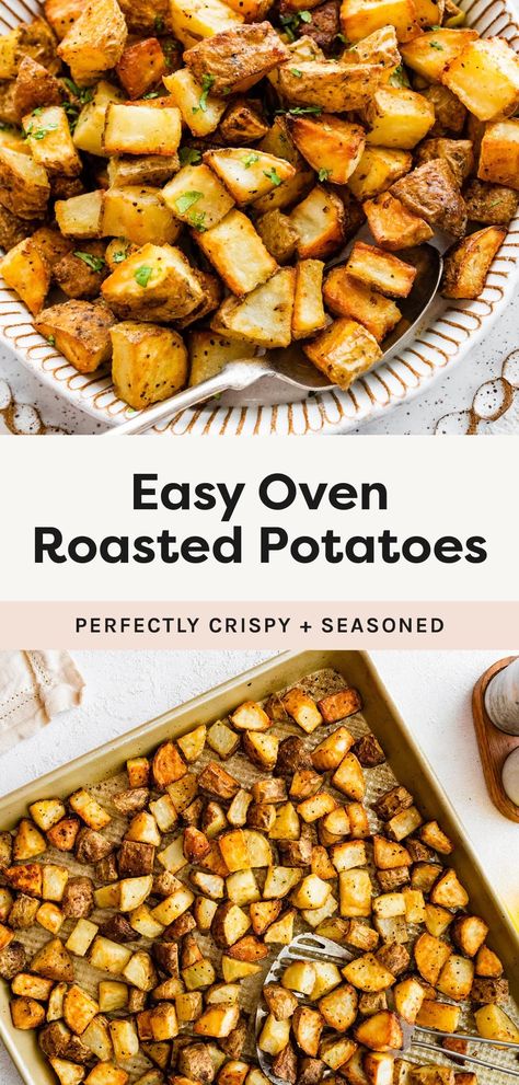 Make the best crispy oven roasted potatoes with just a few simple ingredients! They're the perfect side dish for any meal and can be customized with different seasonings. Broasted Potatoes, Roasted Yellow Potatoes, Oven Potato Recipes, Easy Oven Roasted Potatoes, Healthy Roasted Potatoes, Crispy Oven Roasted Potatoes, Small Potatoes Recipe, Oven Roasted Potatoes Easy, Russet Potato Recipes