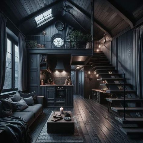 Tiny House Dark Interior, Black Interior Tiny House, Apartment Ideas Bloxburg, Gothic Tiny House, Dark House Aesthetic, Home Decor Branding, Home Decor Amazon Finds, Decor Amazon Finds, Decor Branding