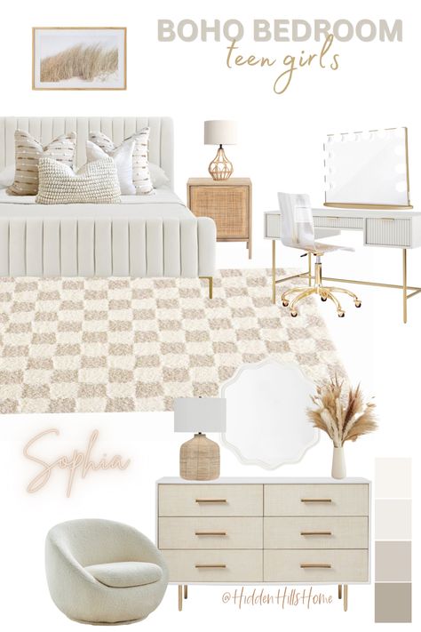 Boho girls bedroom decor mood board with a neutral color scheme! Cute bedroom decor ideas for teen girls room Modern Girls Room Ideas, Nutral Girls Bedroom Ideas, Cute Rooms Teen Girl, Girls Bohemian Bedroom Ideas, Neutral Boho Bedroom Decorating Ideas, White And Gold Boho Bedroom, Youth Girls Bedroom Ideas, Beige Teenage Girl Bedroom, Teen Neutral Bedroom Ideas